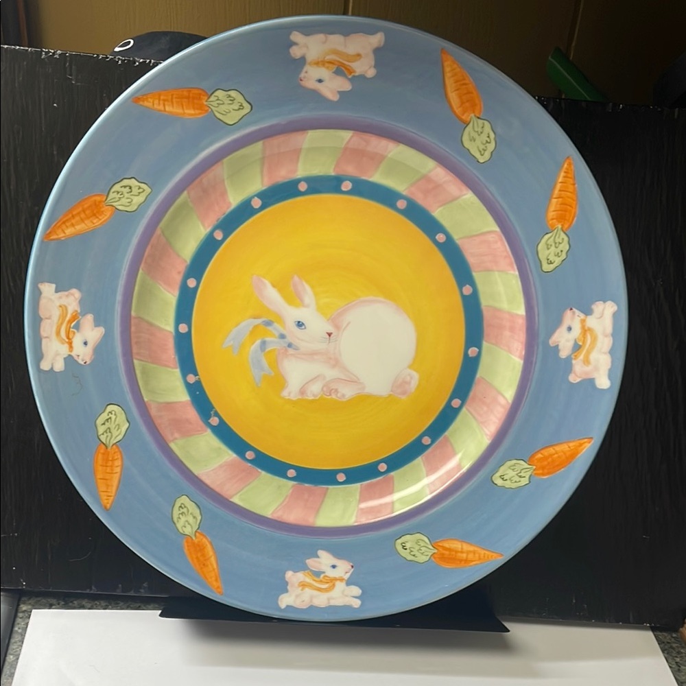 Blue and Yellow Ceramic Plate with Bunny Design